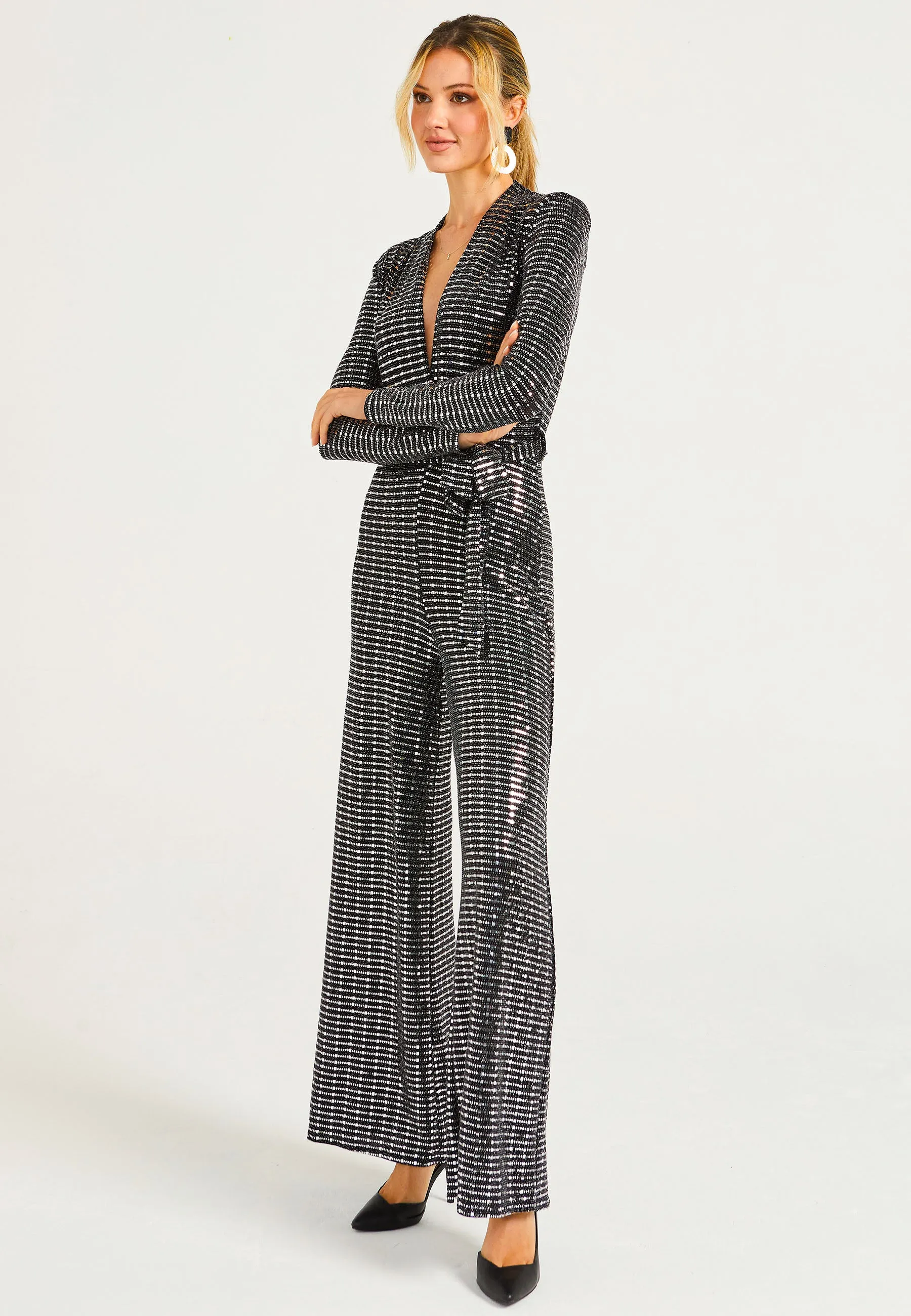 Sequin Plunge Neck Faux Wrap Jumpsuit in Silver