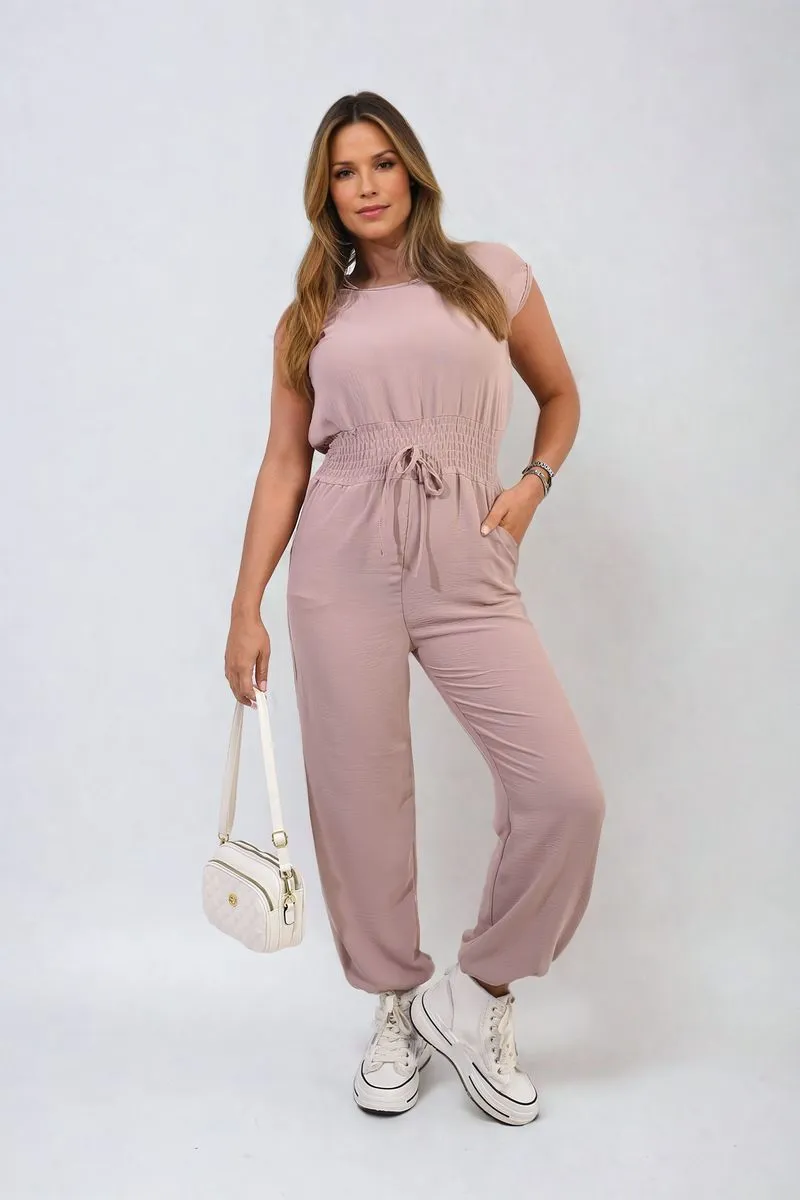 Short Sleeve Cinched Waist Jumpsuit