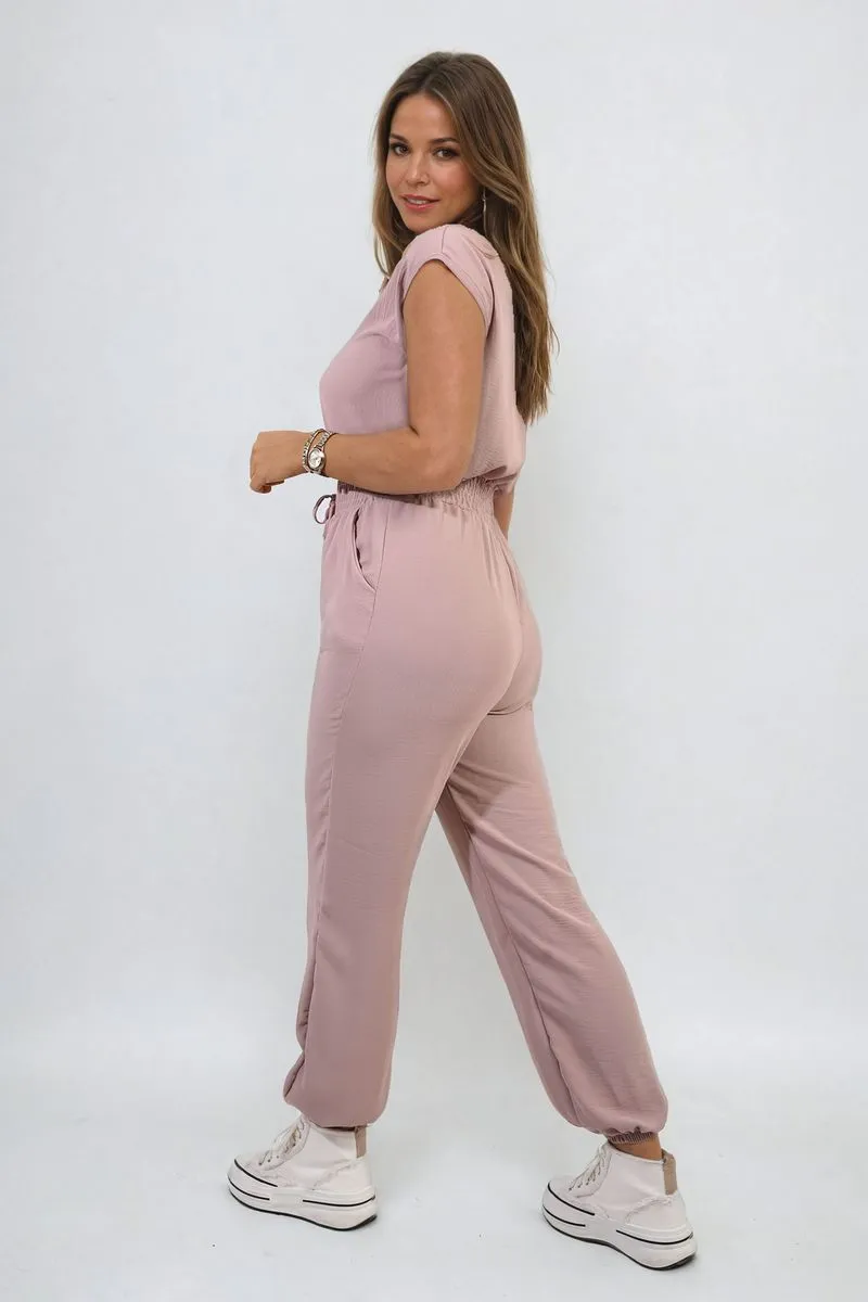 Short Sleeve Cinched Waist Jumpsuit