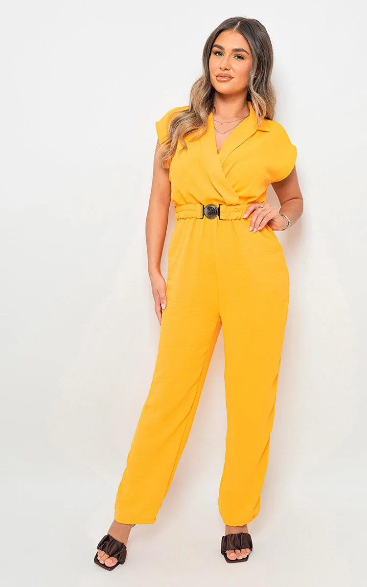 Short Sleeve Wrap Front Belted Jumpsuit