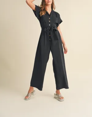 Sophia Short Sleeve Button Down Jumpsuit in Black