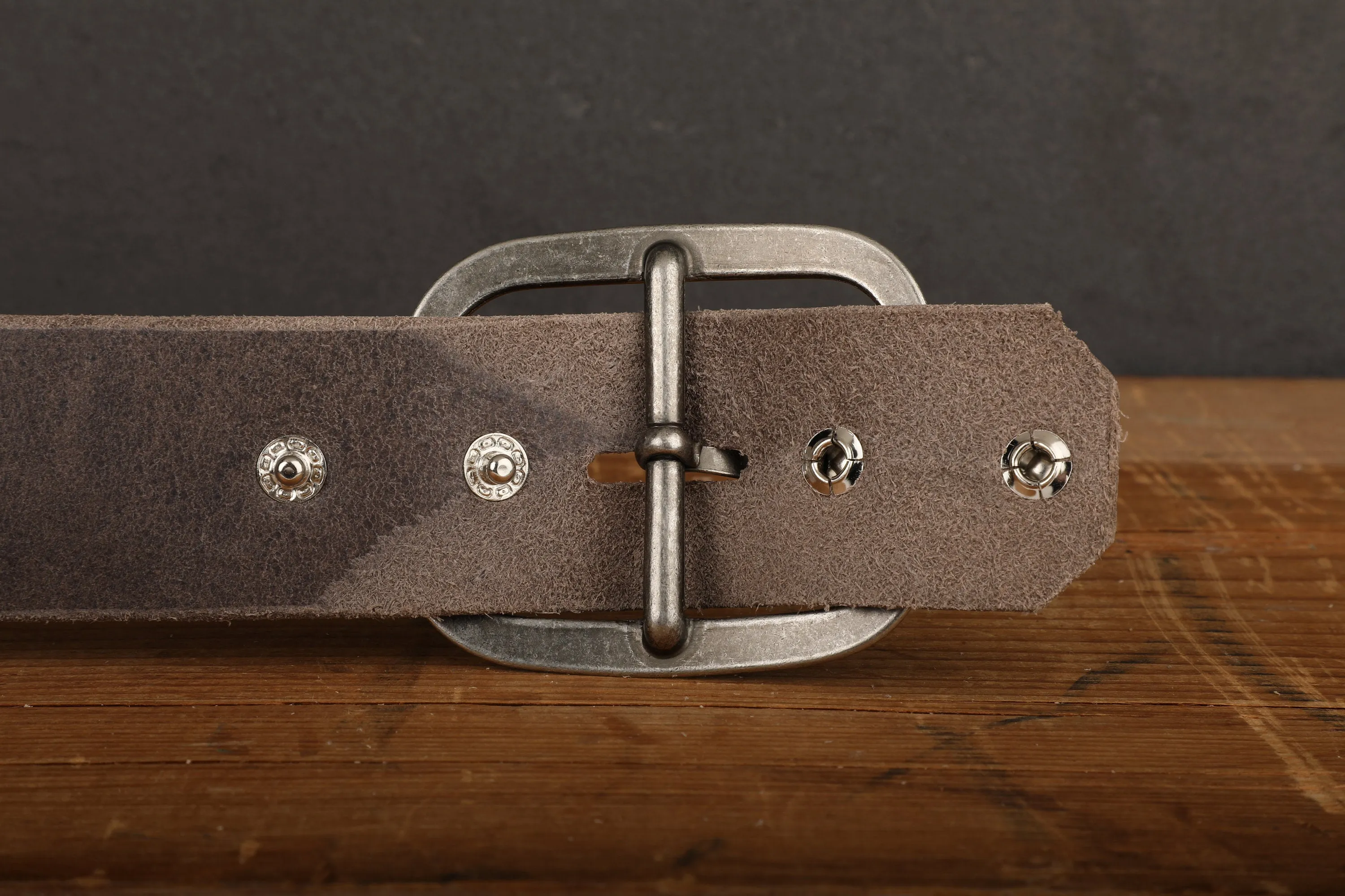 Steel Grey Leather Belt with Antique Brass Buckle