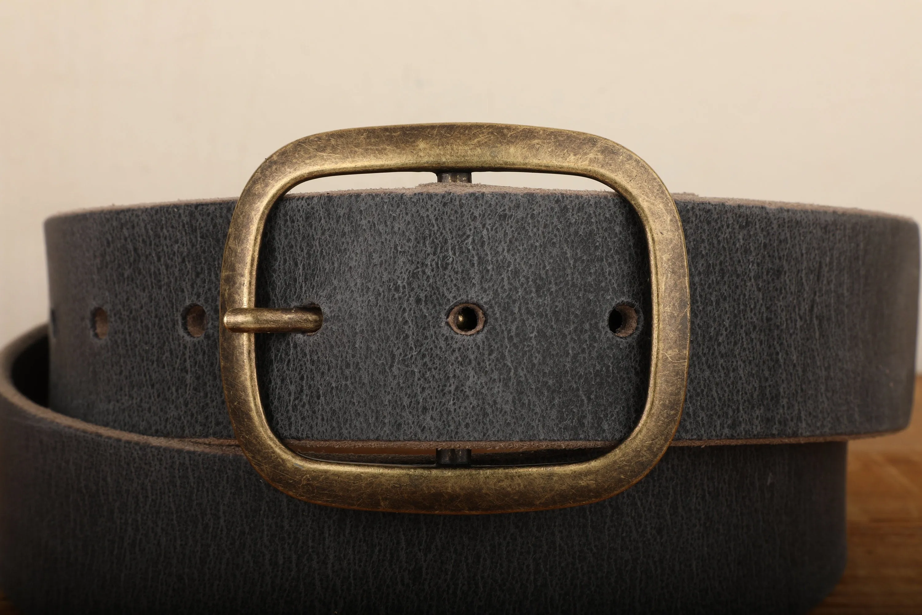 Steel Grey Leather Belt with Antique Brass Buckle