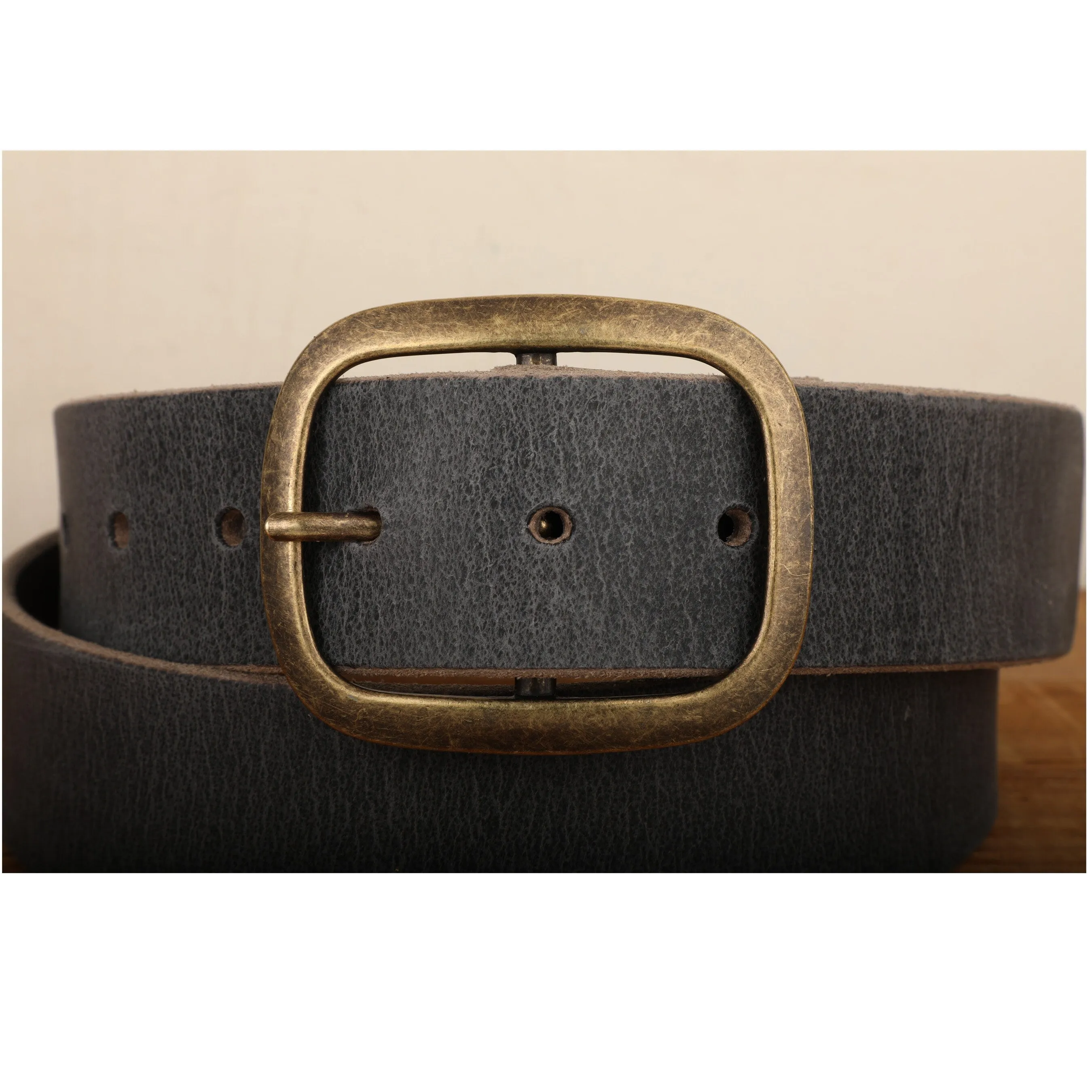 Steel Grey Leather Belt with Antique Brass Buckle