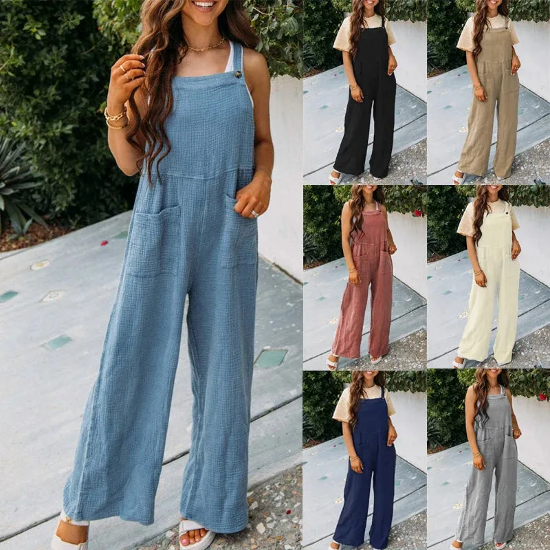 Summer New Women's Casual Solid Color Pocket Square Neck Loose Strap jumpsuit