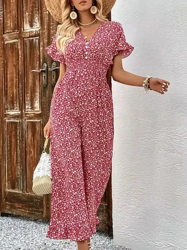 Summer women’s fashion red printed European and American jumpsuit