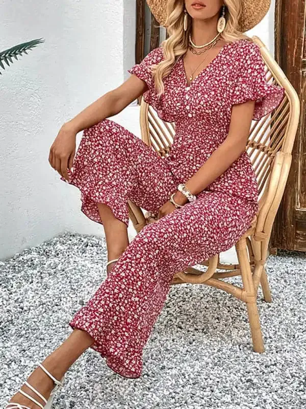 Summer women’s fashion red printed European and American jumpsuit