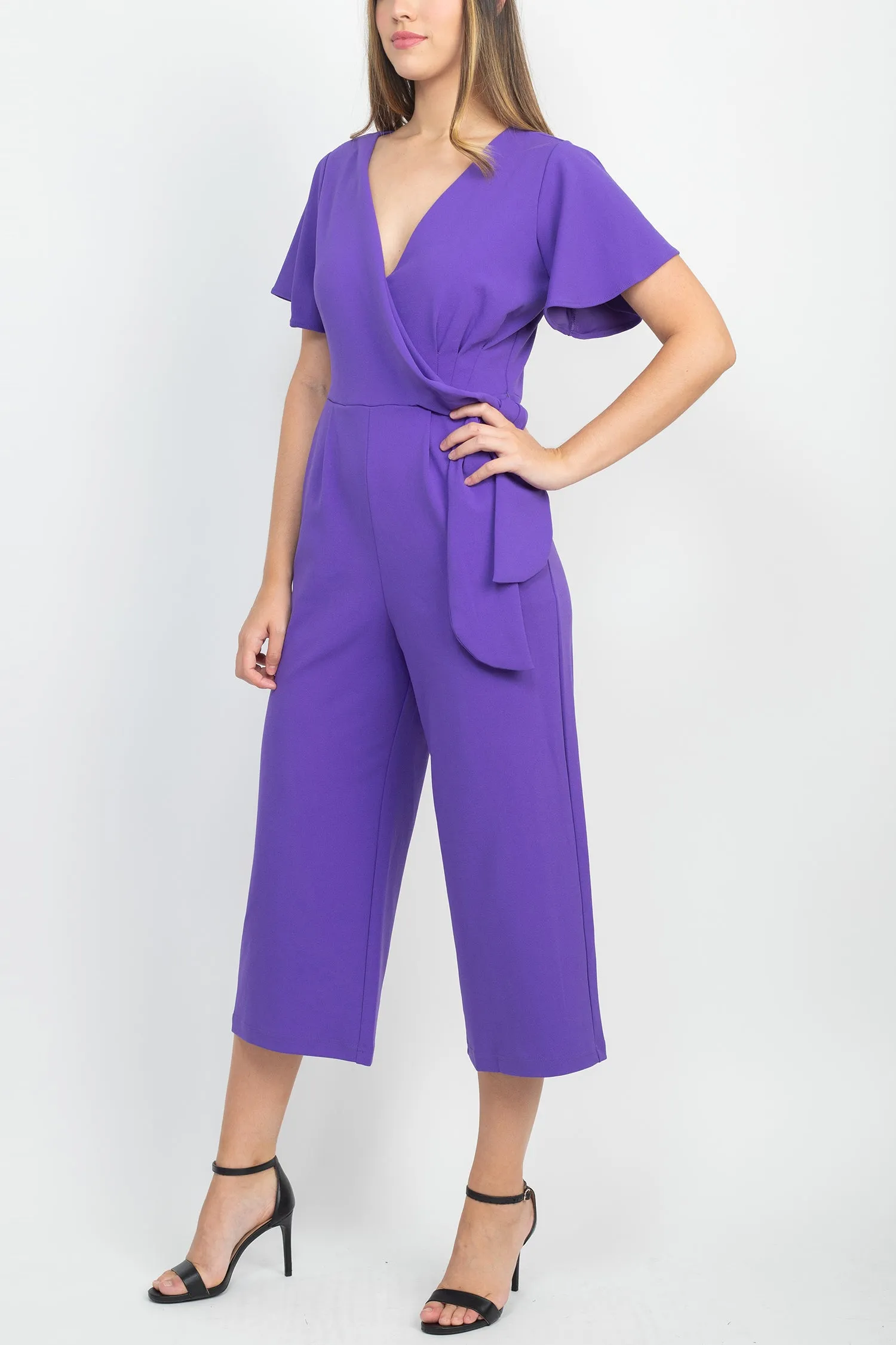 Tahari ASL V-Neck Short Sleeve Tie Side Solid Woven Jumpsuit with Pockets