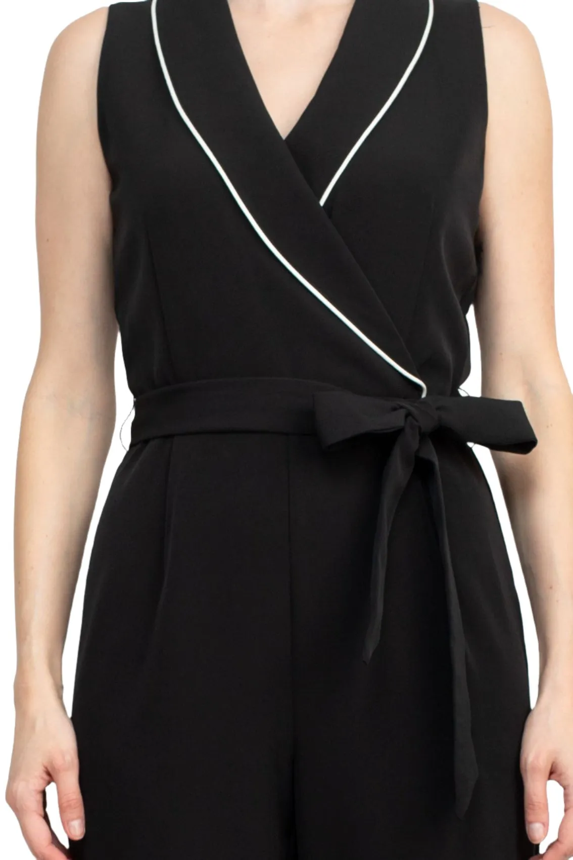 Tahari Lapel Collar V-Neck Sleeveless Piping Detail Tie Waist Scuba Jumpsuit