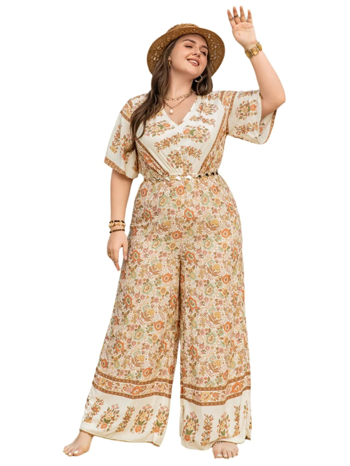 TEEK - Plus Size V-Neck Flutter Sleeve Wide Leg Apricot Jumpsuit