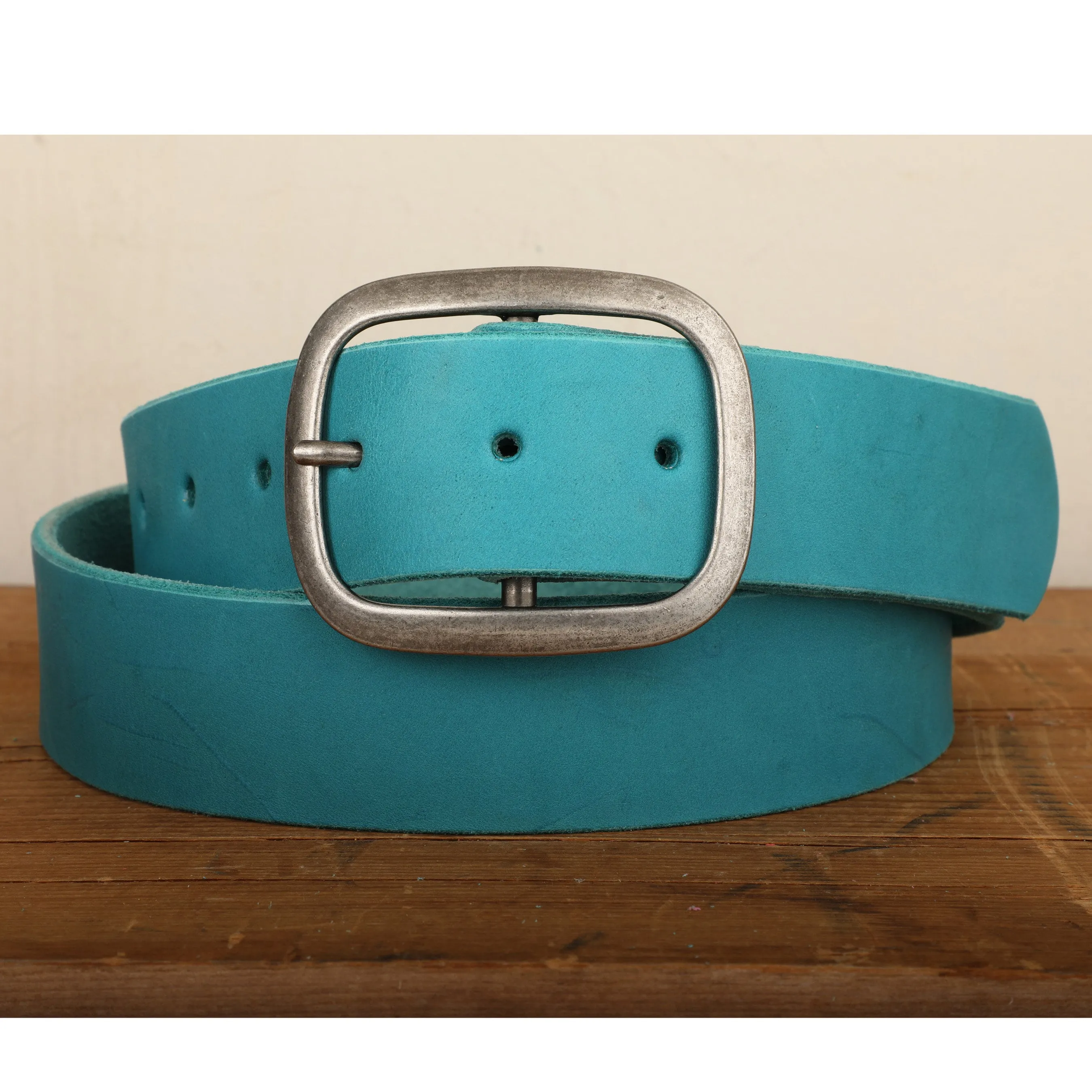 Turquoise Leather Belt with Antique Silver Buckle