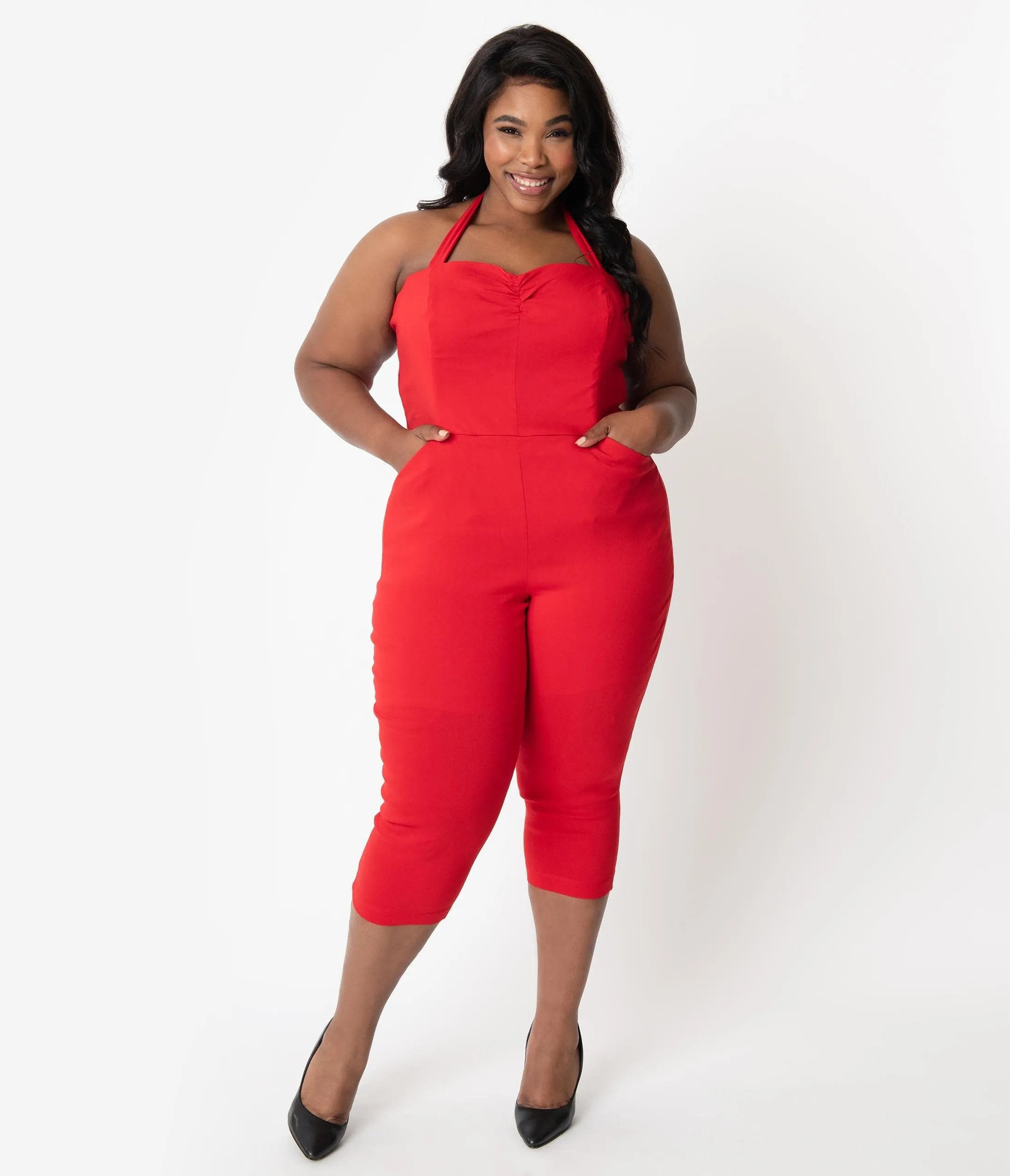 Unique Vintage Plus Size 1950s Style Red Halter Marcel Cropped Jumpsuit