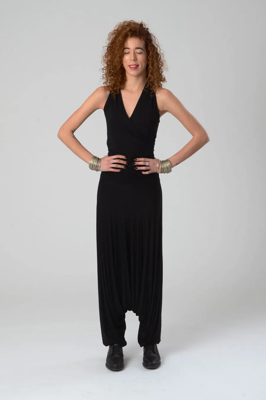 V Neck Black Harem Jumpsuit