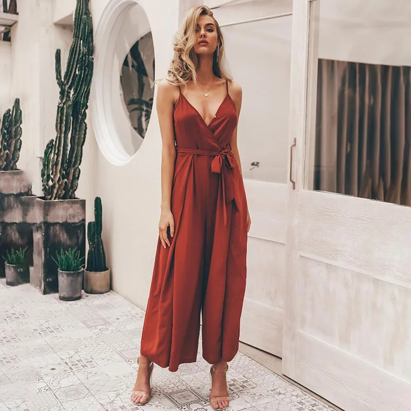 V neck split spaghetti strap long overalls  Girls  jumpsuit