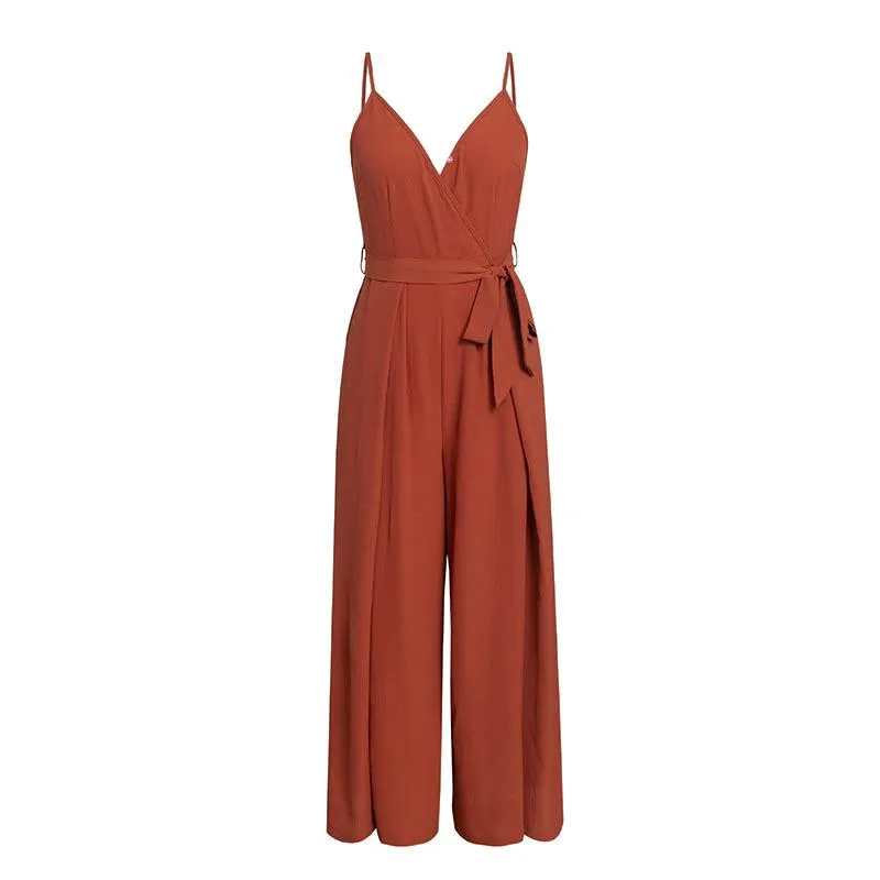 V neck split spaghetti strap long overalls  Girls  jumpsuit