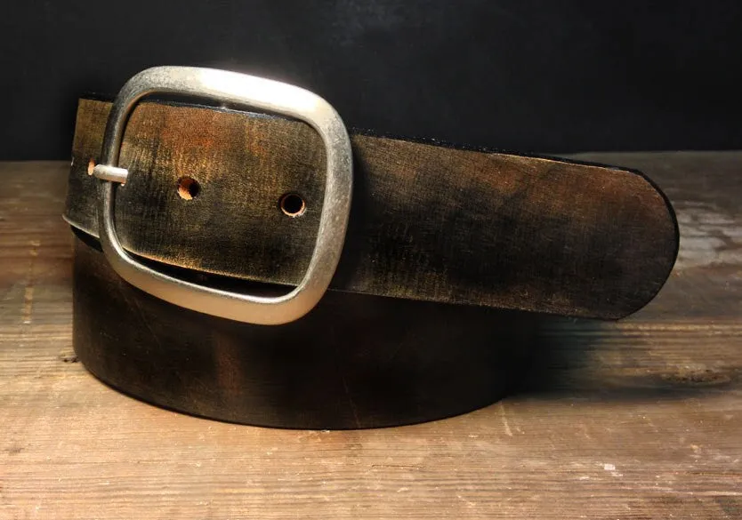 Vintage Distressed Black Brown Leather Belt with Antique Silver or Brass Buckle