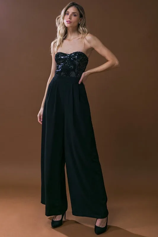 Waitlist 12/1 ♥ Alexa Sleeveless Sequin Bodice Wide Leg Jumpsuit Black