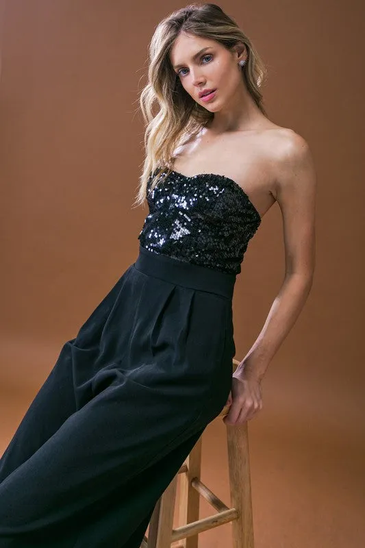 Waitlist 12/1 ♥ Alexa Sleeveless Sequin Bodice Wide Leg Jumpsuit Black