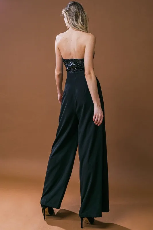 Waitlist 12/1 ♥ Alexa Sleeveless Sequin Bodice Wide Leg Jumpsuit Black