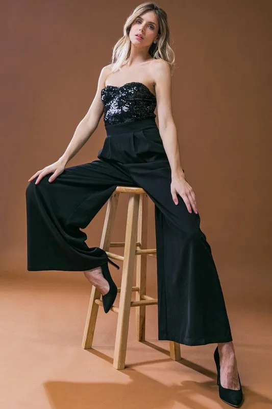 Waitlist 12/1 ♥ Alexa Sleeveless Sequin Bodice Wide Leg Jumpsuit Black