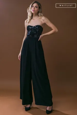 Waitlist 12/1 ♥ Alexa Sleeveless Sequin Bodice Wide Leg Jumpsuit Black