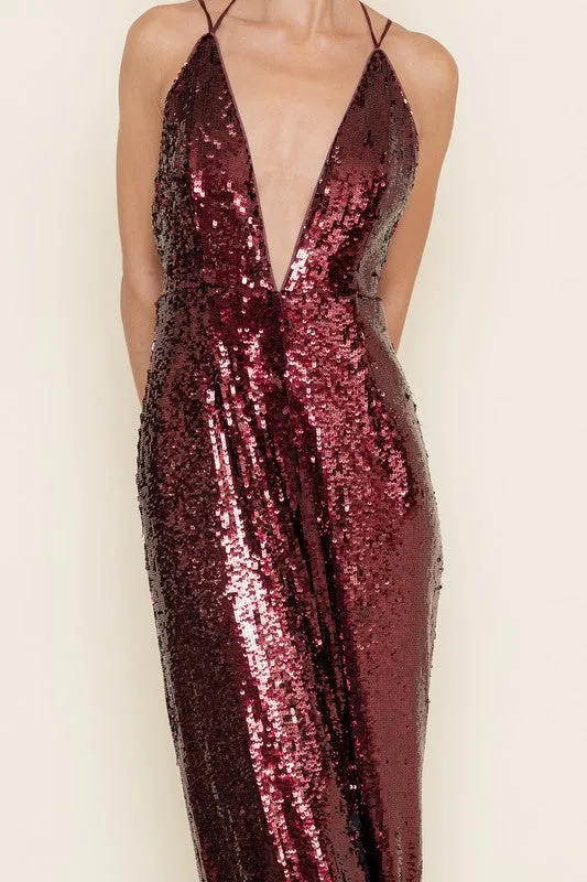 Waitlist 12/25 ♥ Faith Sleeveless Deep Neck Halter Sequin Wide Leg Jumpsuit Burgundy