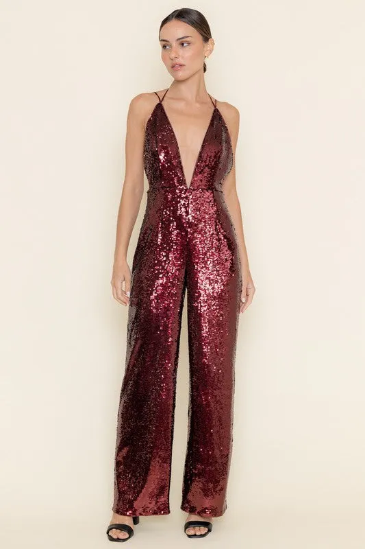 Waitlist 12/25 ♥ Faith Sleeveless Deep Neck Halter Sequin Wide Leg Jumpsuit Burgundy