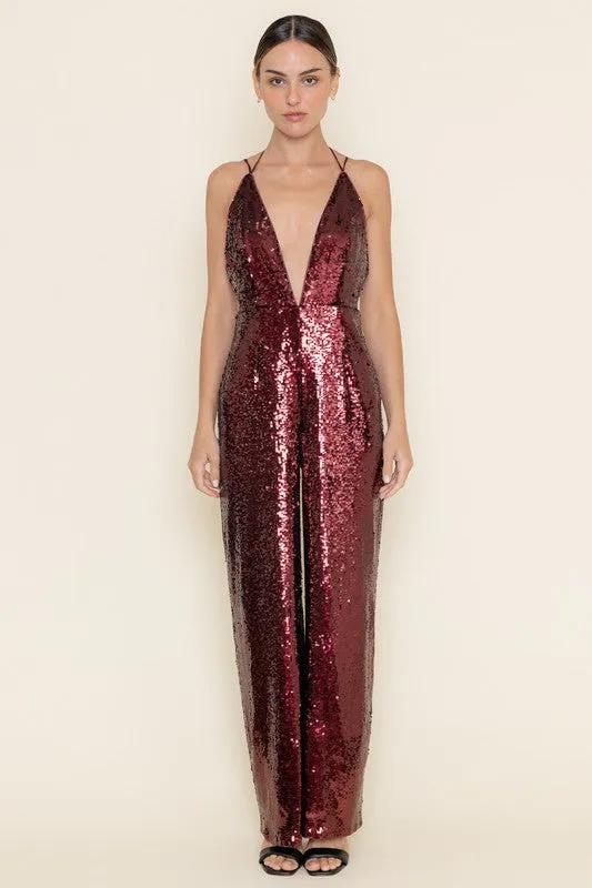 Waitlist 12/25 ♥ Faith Sleeveless Deep Neck Halter Sequin Wide Leg Jumpsuit Burgundy