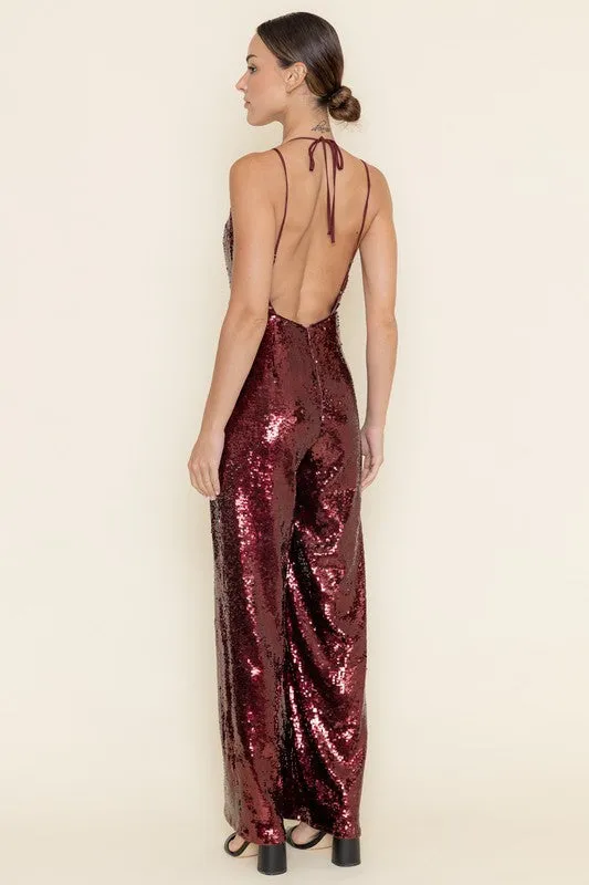 Waitlist 12/25 ♥ Faith Sleeveless Deep Neck Halter Sequin Wide Leg Jumpsuit Burgundy