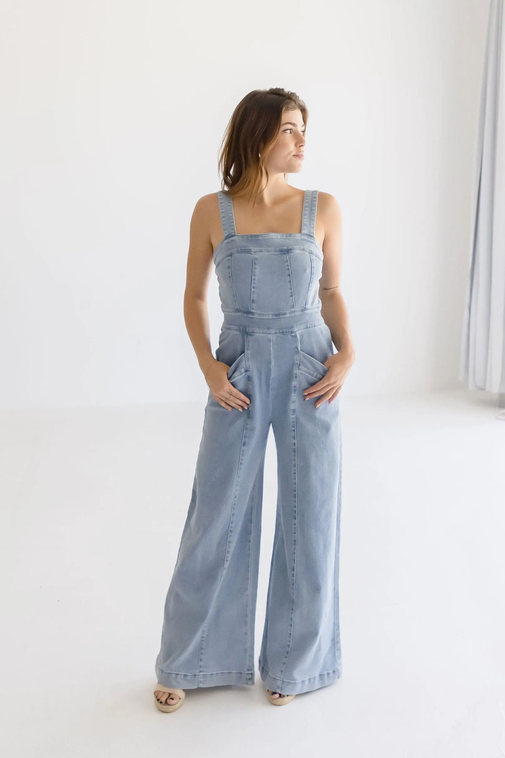 Waitlist 1/5 ♥ Joey Sleeveless Wide Leg Denim Jumpsuit Light Wash