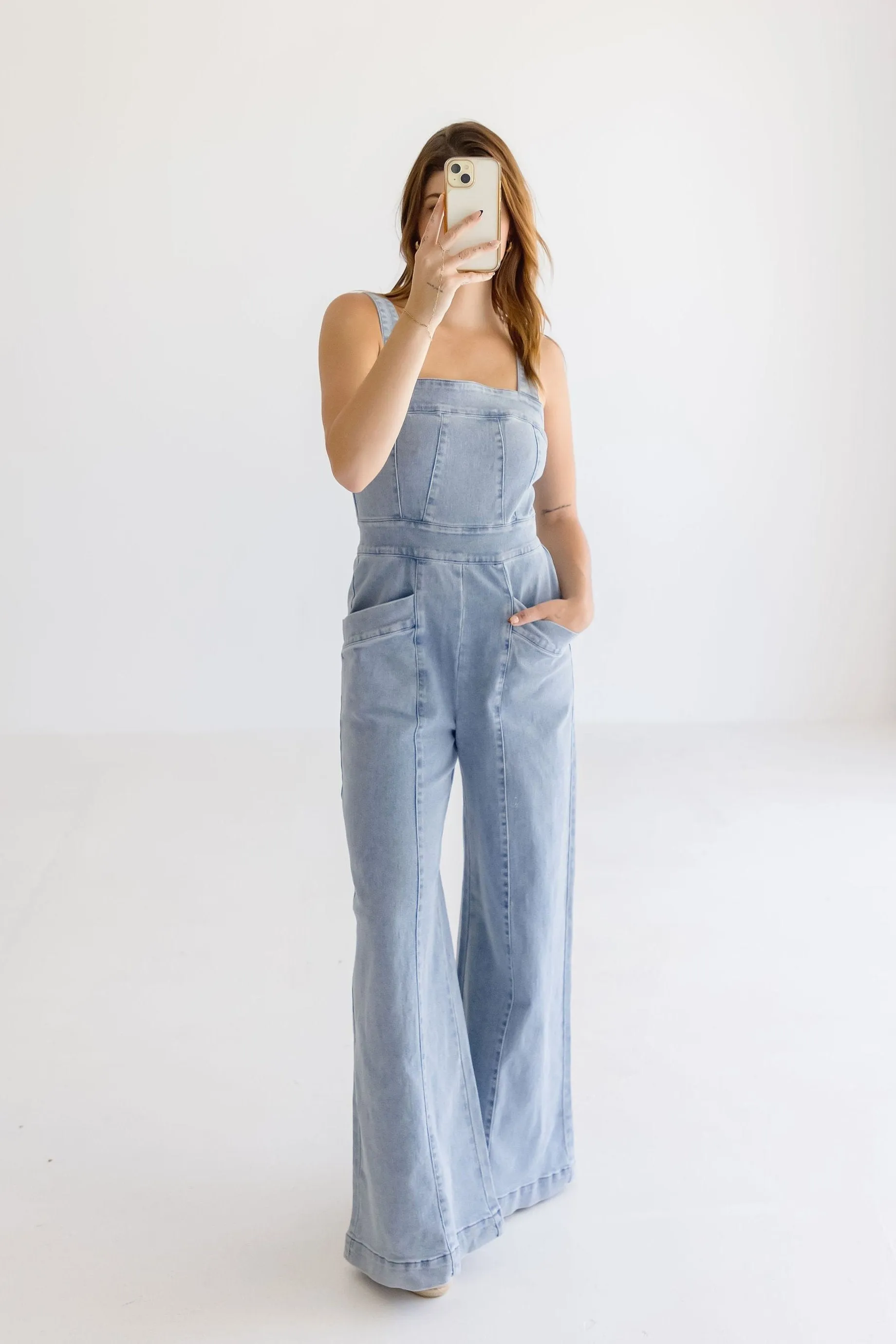 Waitlist 1/5 ♥ Joey Sleeveless Wide Leg Denim Jumpsuit Light Wash