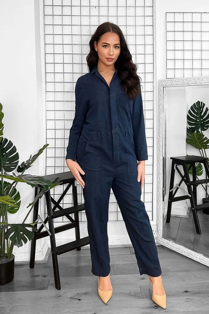 Washed Faded Denim Smart Collar Lightweight Jumpsuit