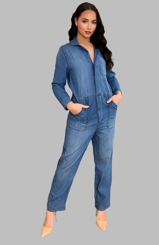 Washed Faded Denim Smart Collar Lightweight Jumpsuit