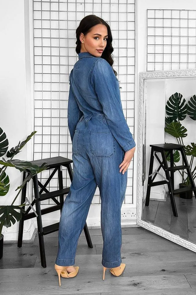 Washed Faded Denim Smart Collar Lightweight Jumpsuit