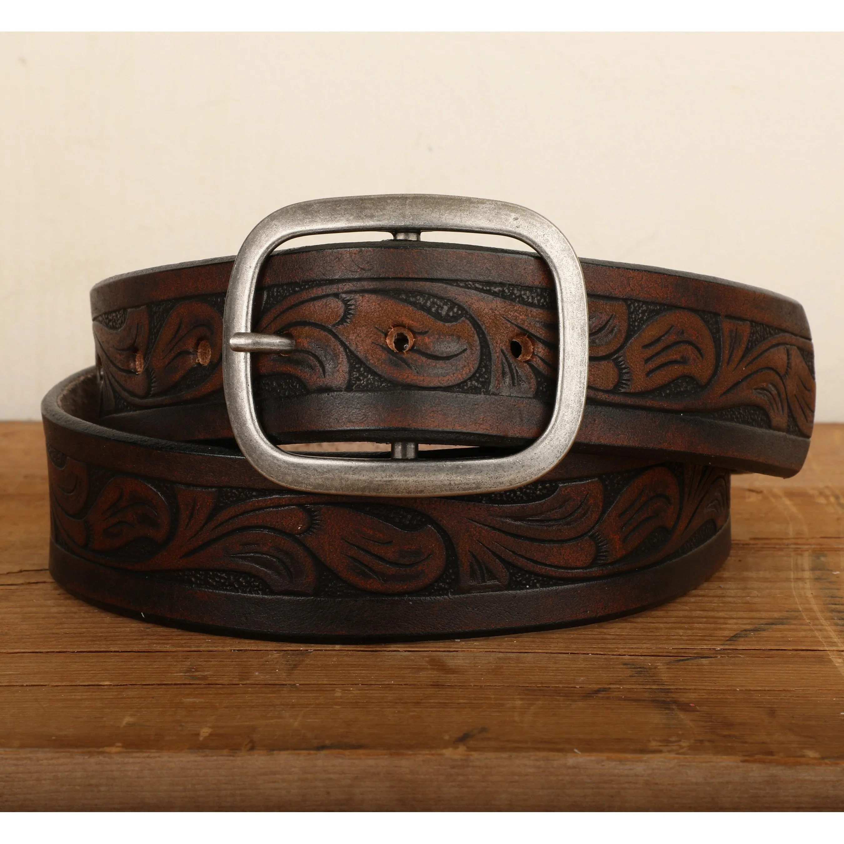 Western Embossed Leather Belt with Antique Brass  or Antique Silver Buckle