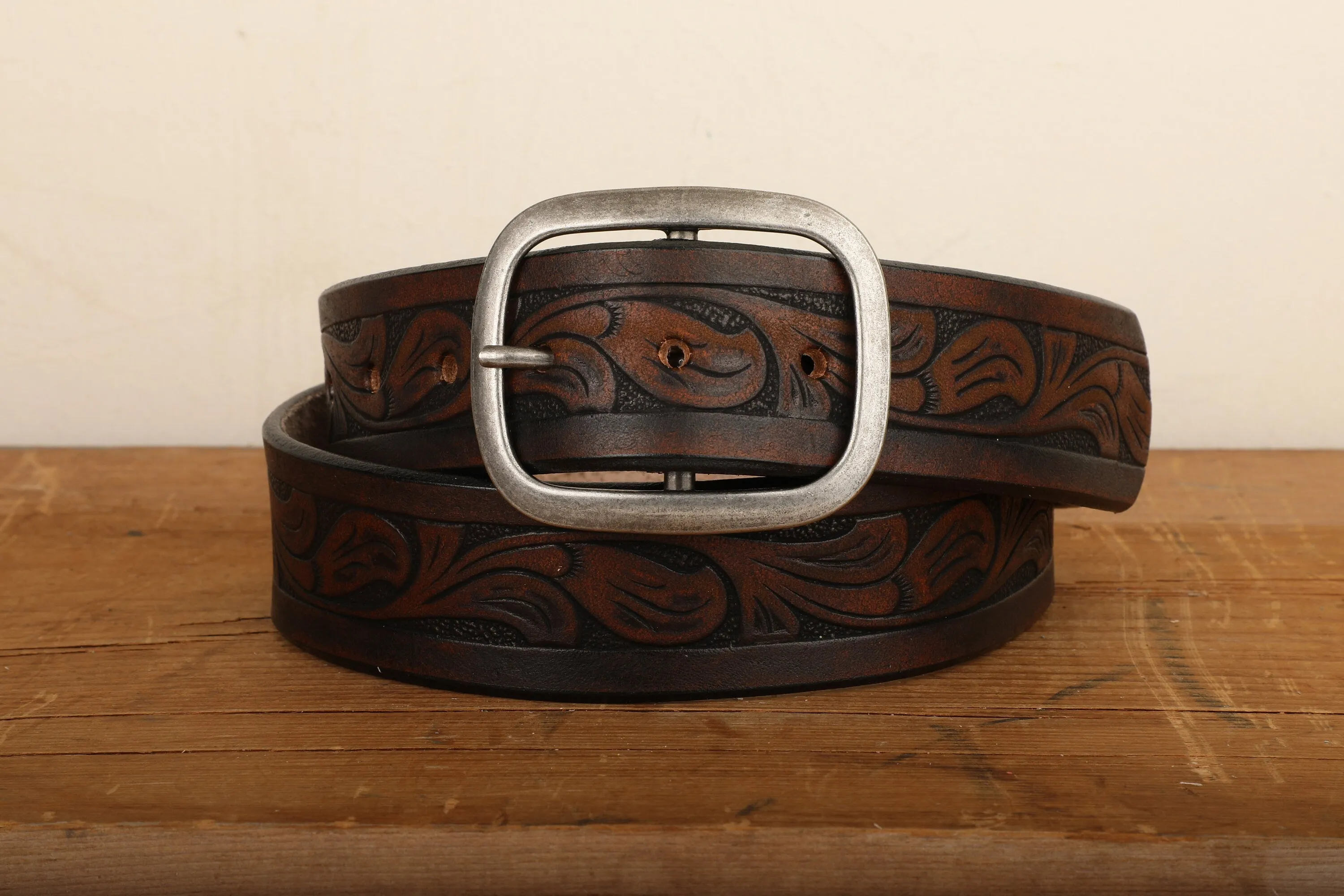 Western Embossed Leather Belt with Antique Brass  or Antique Silver Buckle