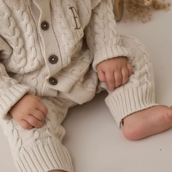 Wheat Horseshoe Cable Knit Baby Jumpsuit