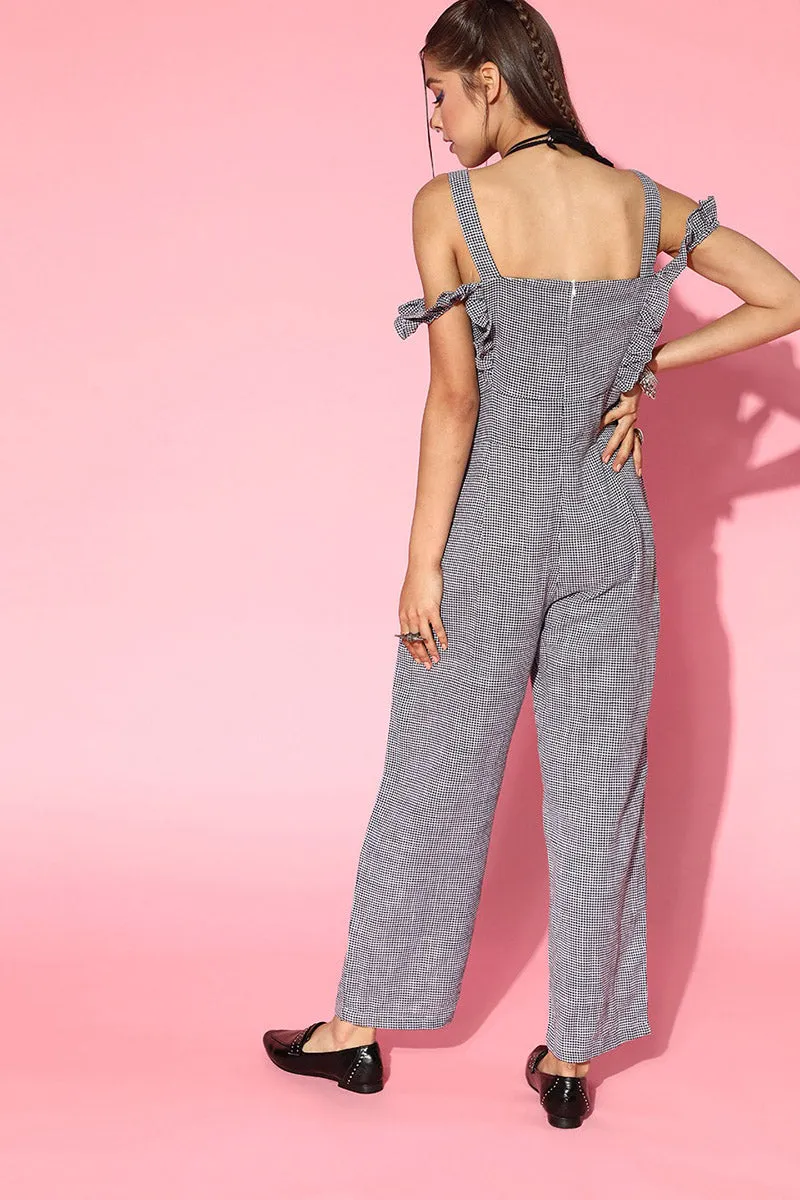 White Cotton Checked Ruffled Jumpsuit