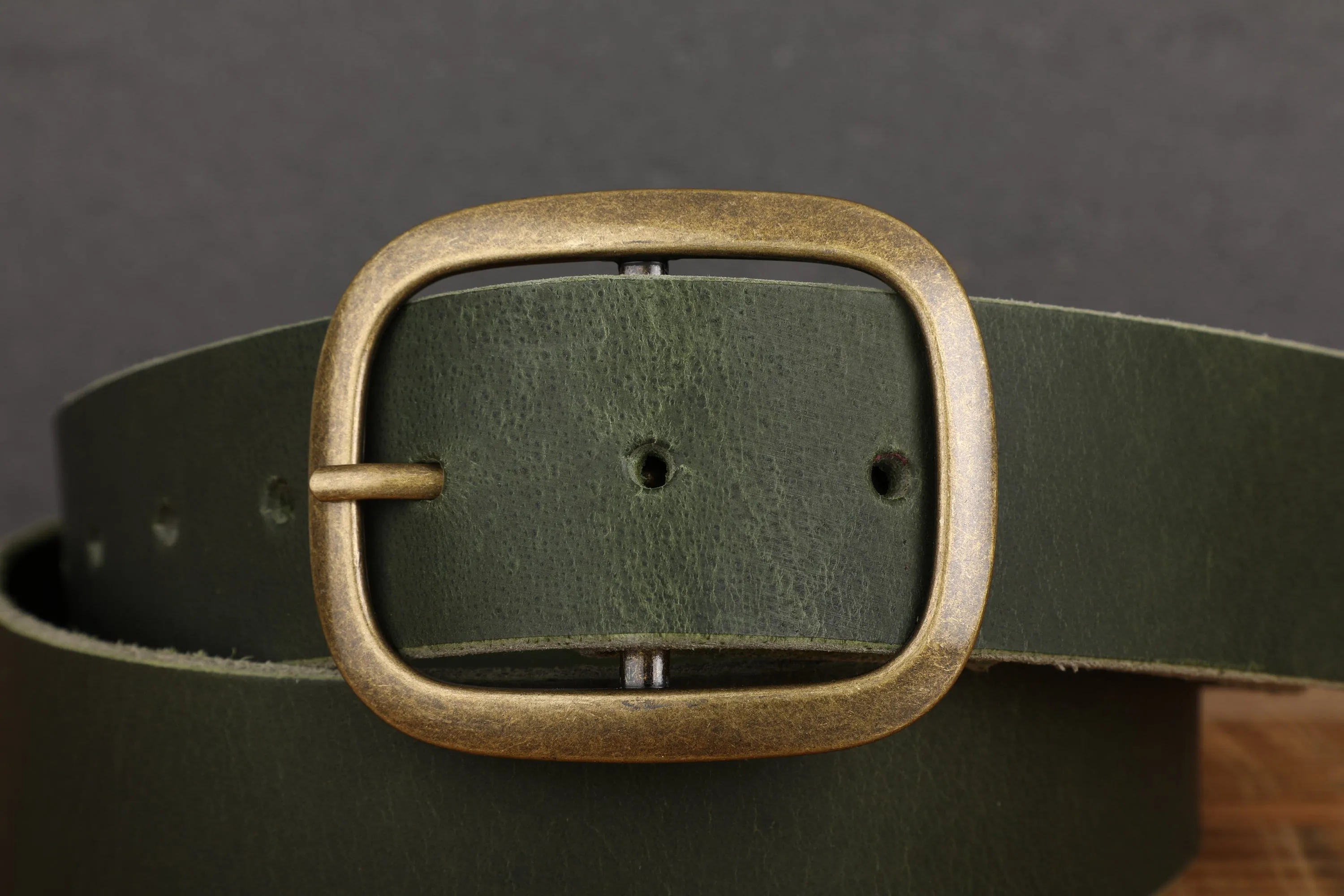 Wide Dark Green Leather Belt with Brass Buckle - Minimalist Design, Easy Buckle Switch with Snap Closure in Water Buffalo