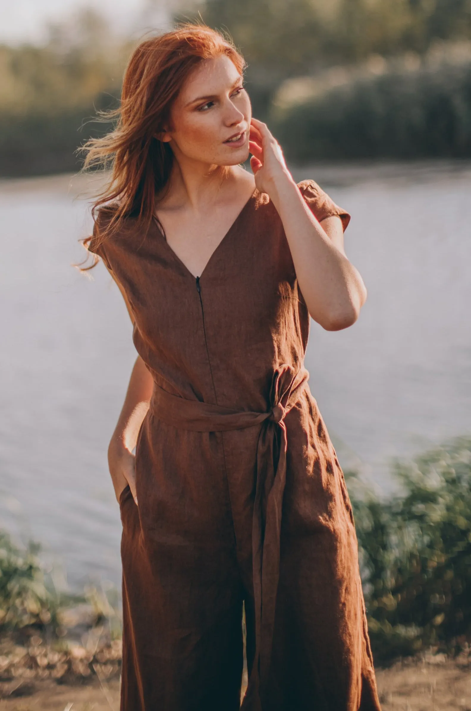 Wide Leg Linen Jumpsuit with Tie Belt