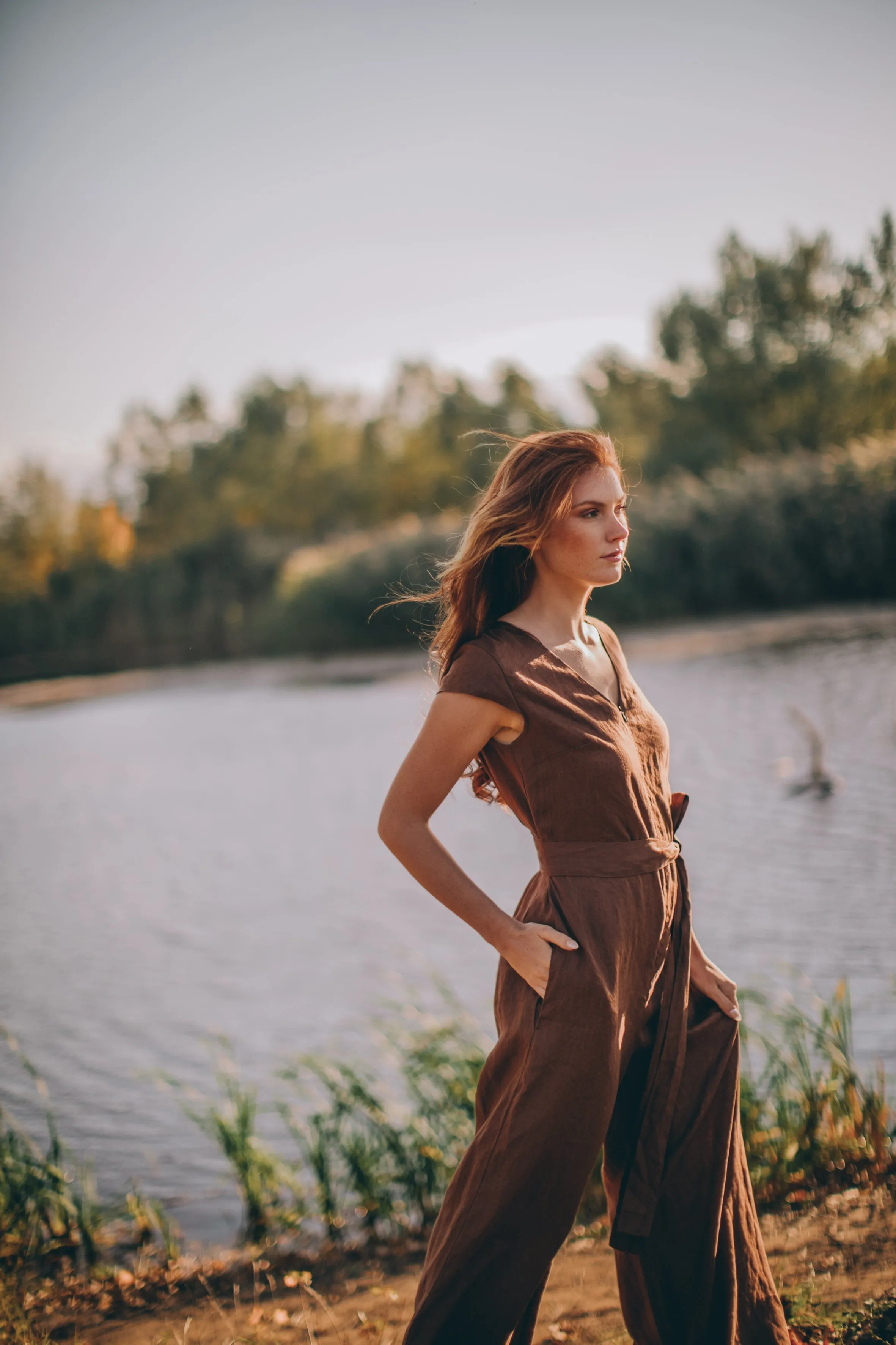 Wide Leg Linen Jumpsuit with Tie Belt