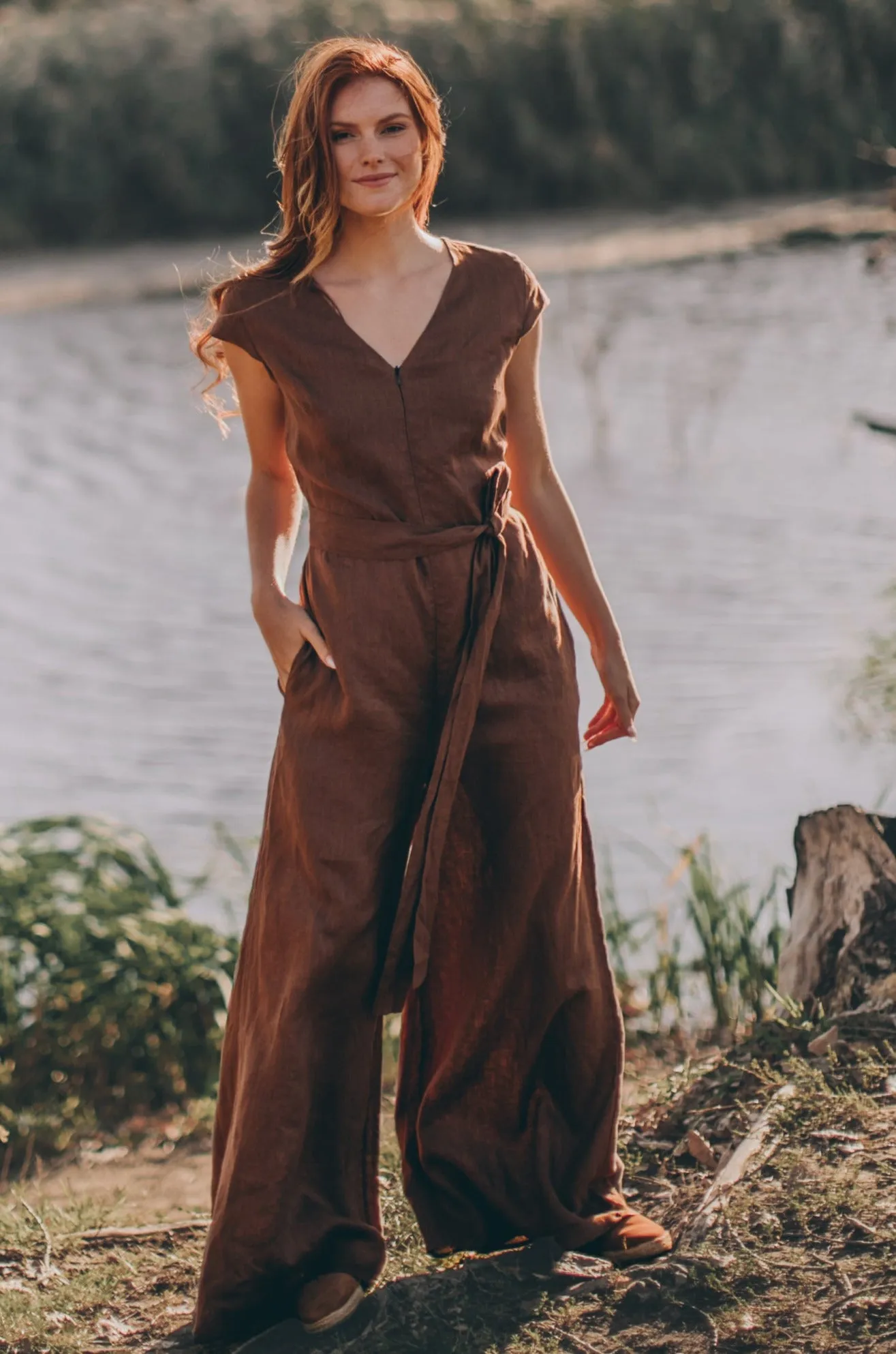 Wide Leg Linen Jumpsuit with Tie Belt