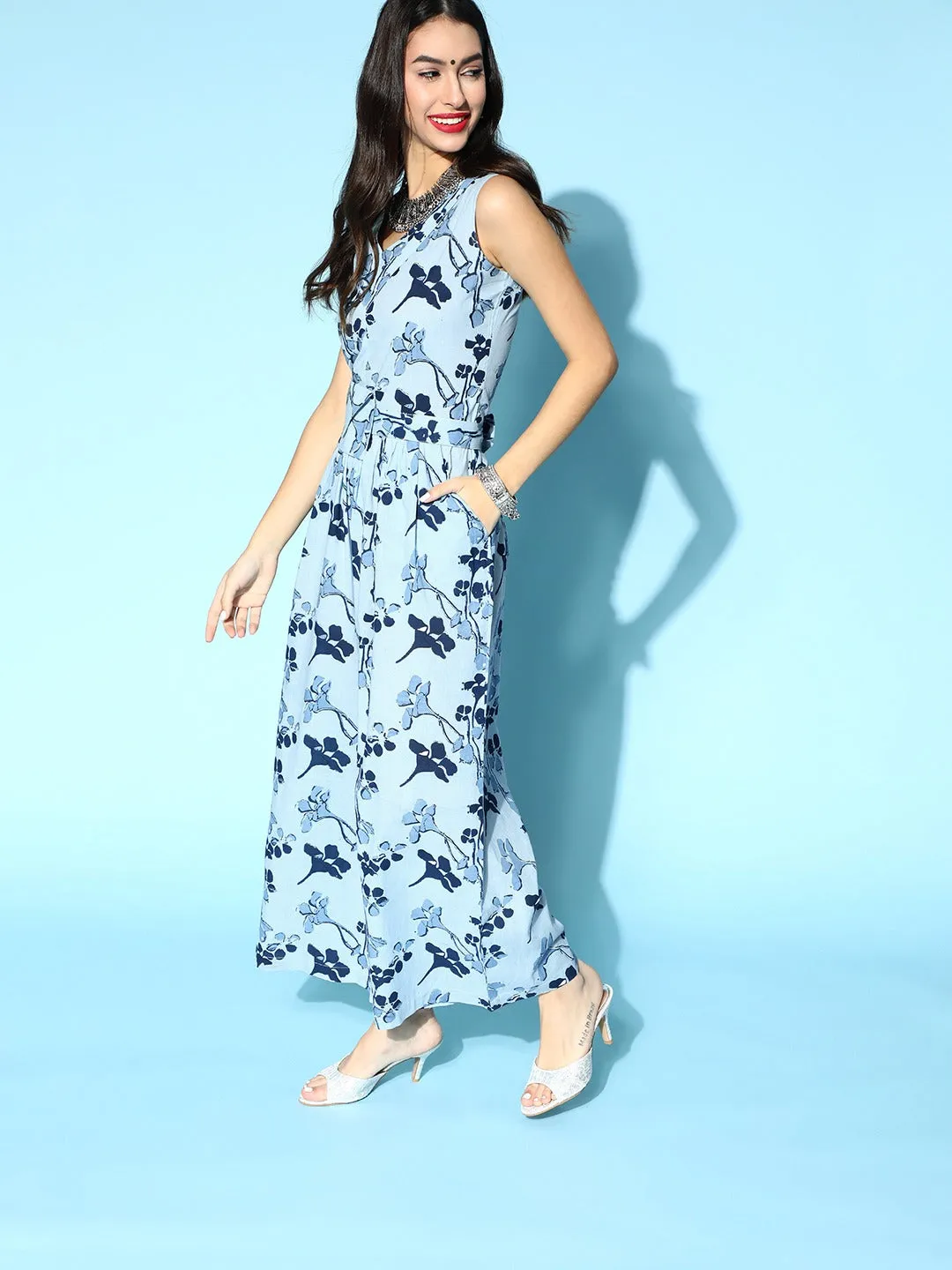 Women Blue Printed Cotton Jumpsuit With Belt