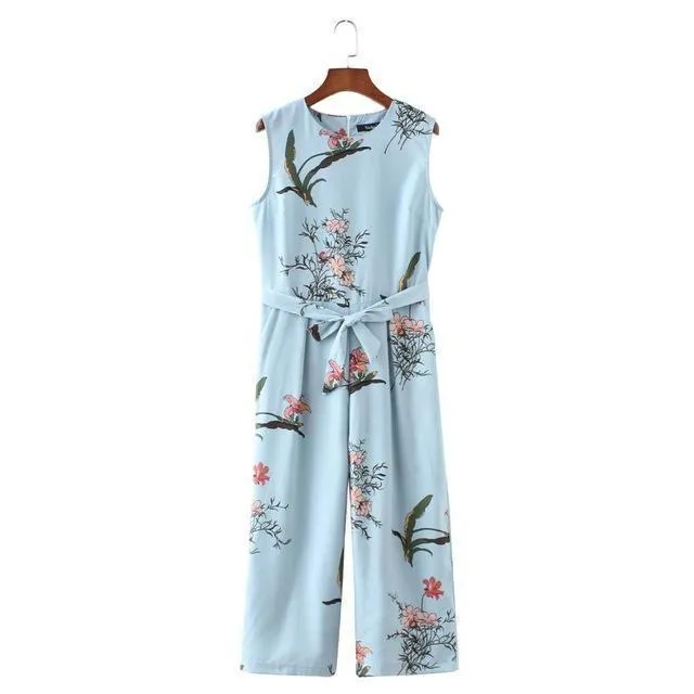 Women cute crane print jumpsuit sashes pockets sleeveless pleated rompers ladies vintage casual jumpsuits KZ1016 (US 4-14)