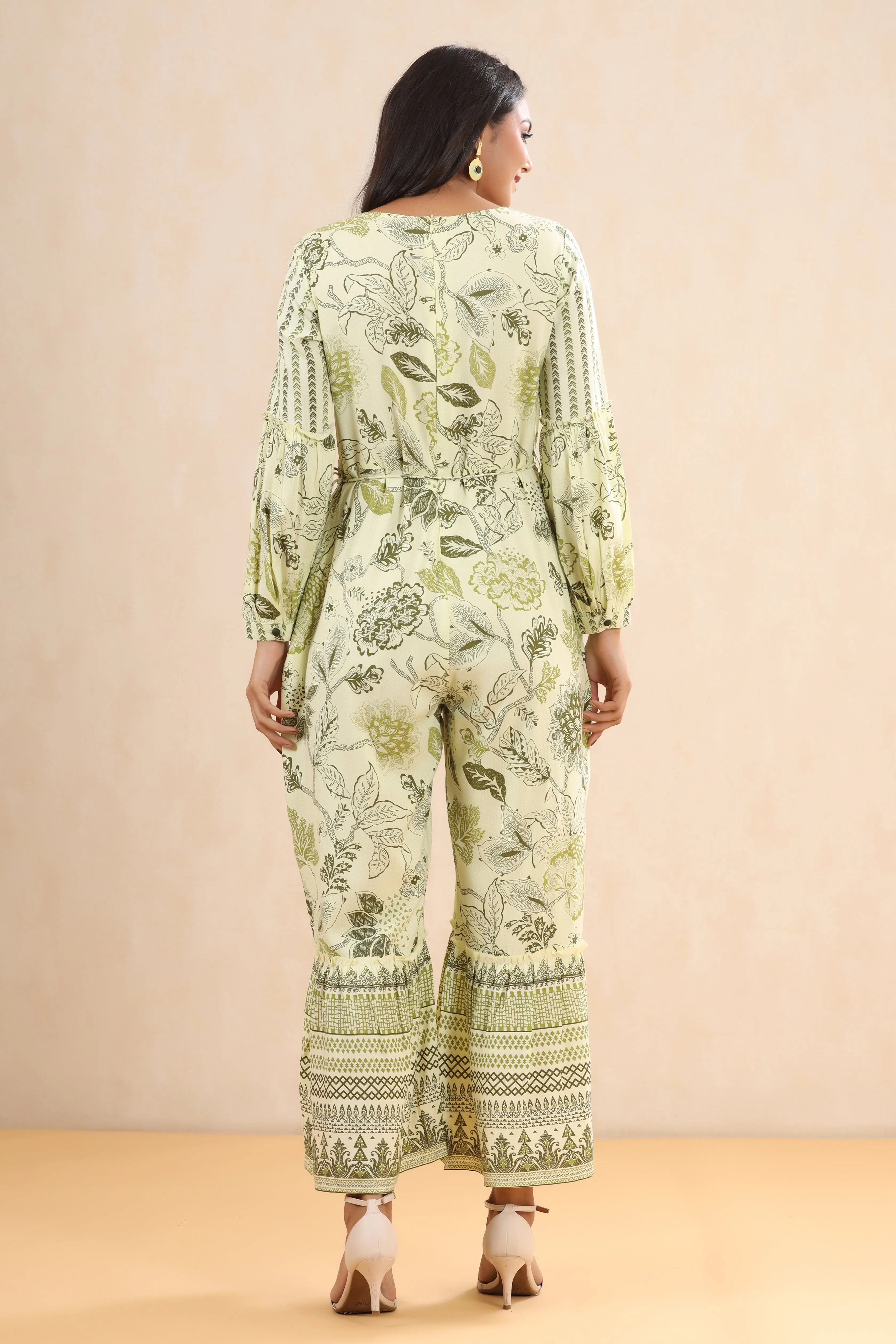 Women Light olive Rayon Printed Jumpsuit