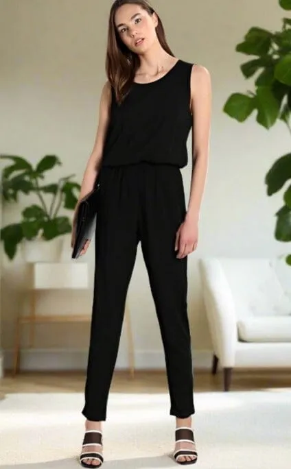 Womens Black Jumpsuit, Tank Top Sleeveless Pantsuit, Sizes S/M/L, Solid Black