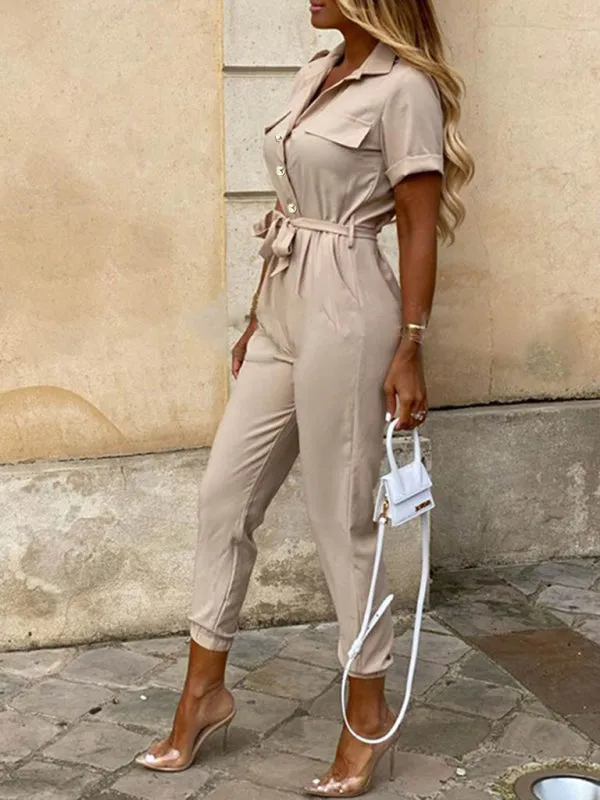 Women's Casual Lapel Cargo Jumpsuit With Button Fastening and Belt