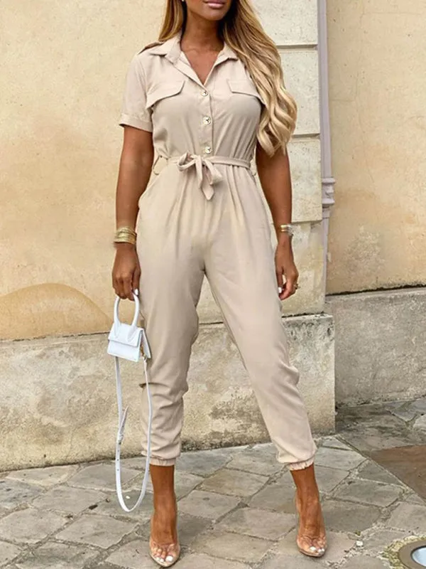 Women's Casual Lapel Cargo Jumpsuit With Button Fastening and Belt