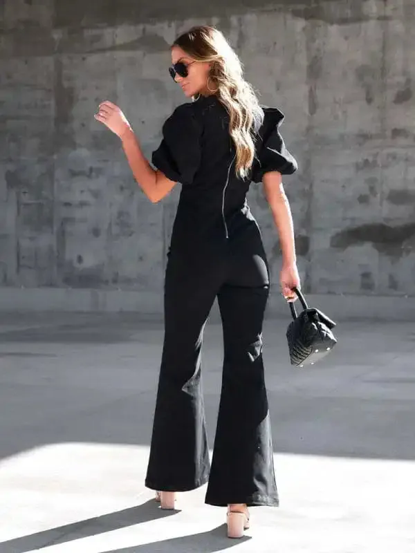 Women’s Denim Slim Puff Sleeve Crossover Waist Jumpsuit