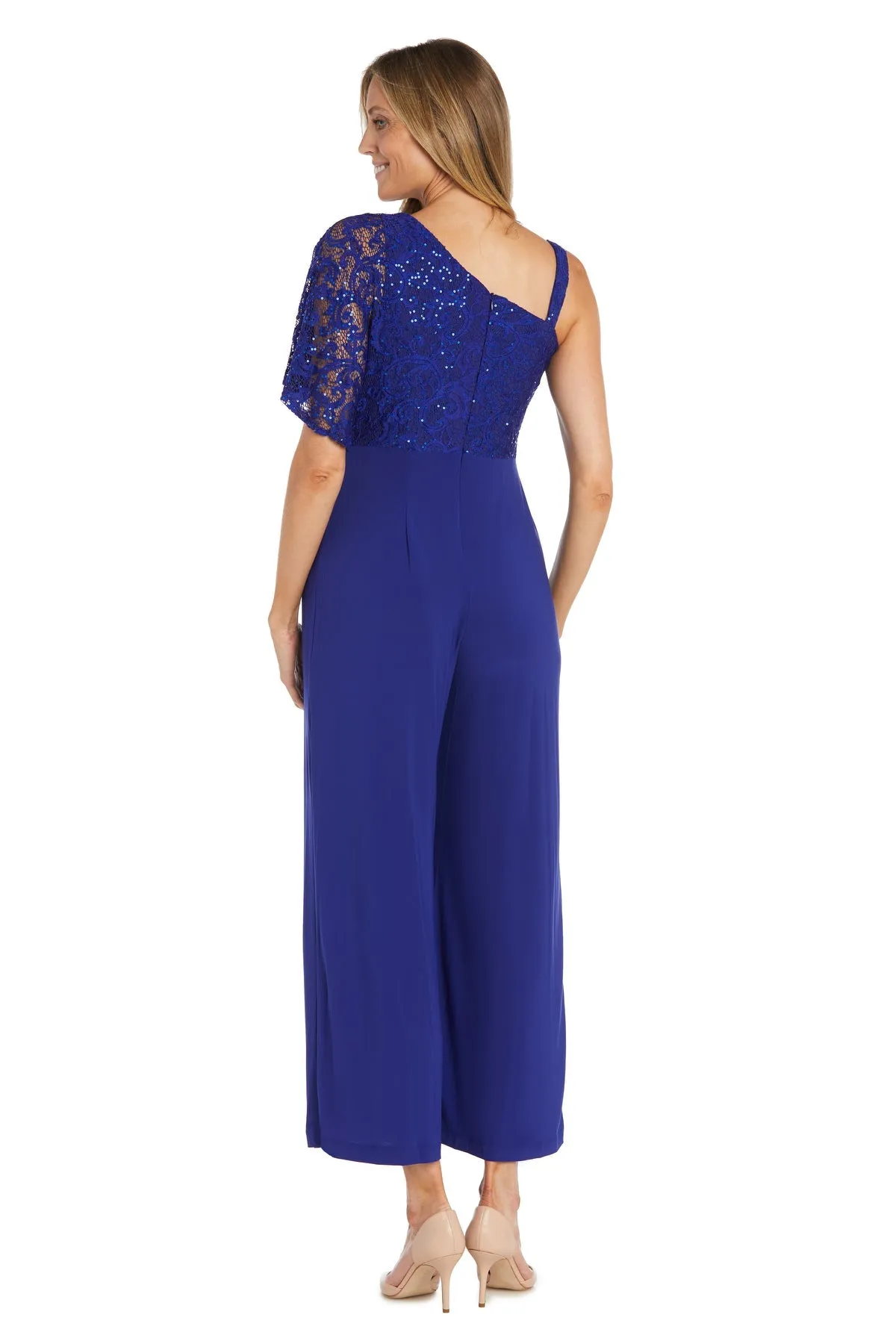 Women's Lace and Sequin Embellished Asymmetric Evening Jumpsuit